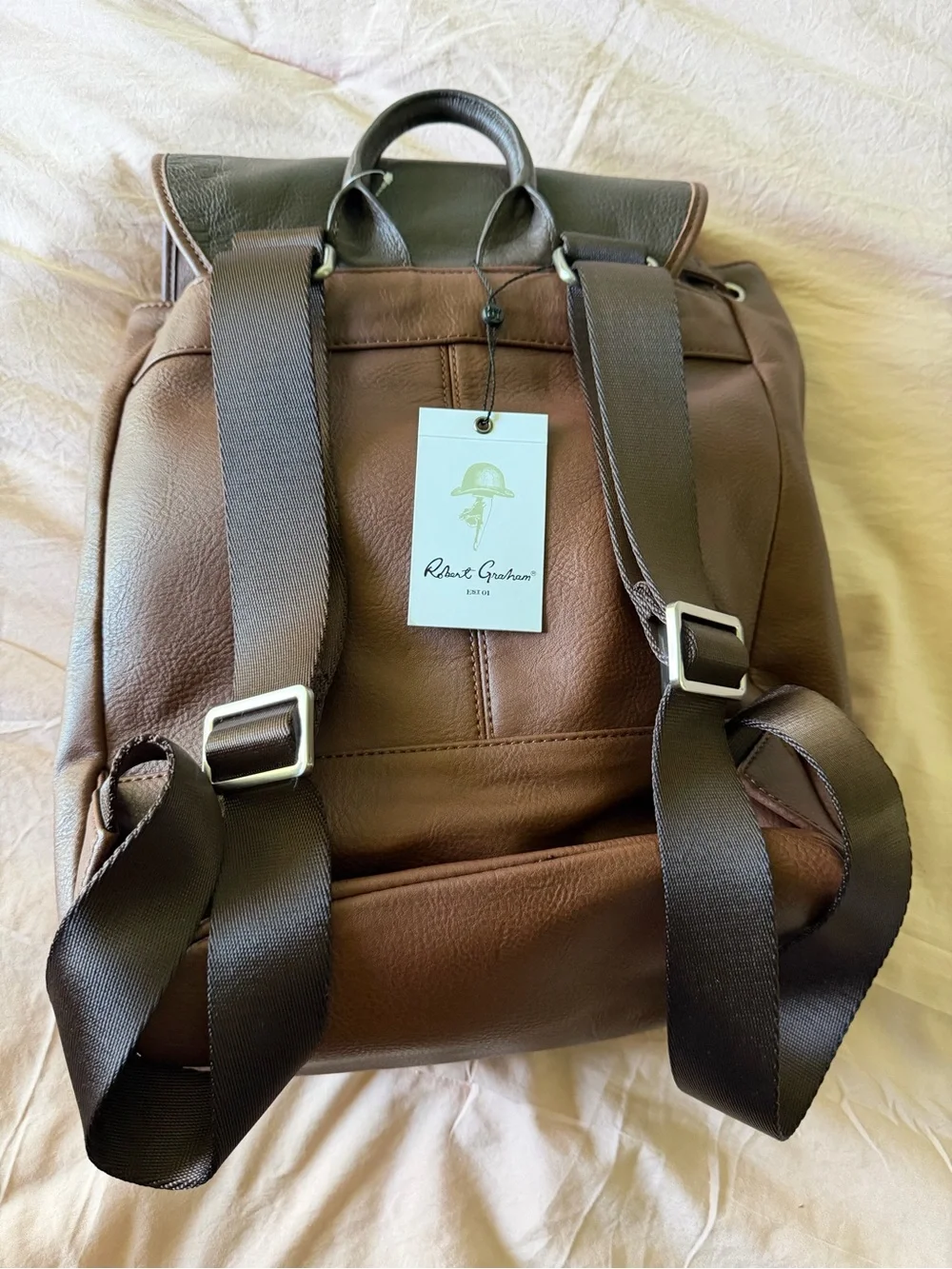 Robert Graham Brown and Tan Leather Buckle-Front Backpack